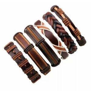 Men's Brown Genuine Leather Bracelet Set